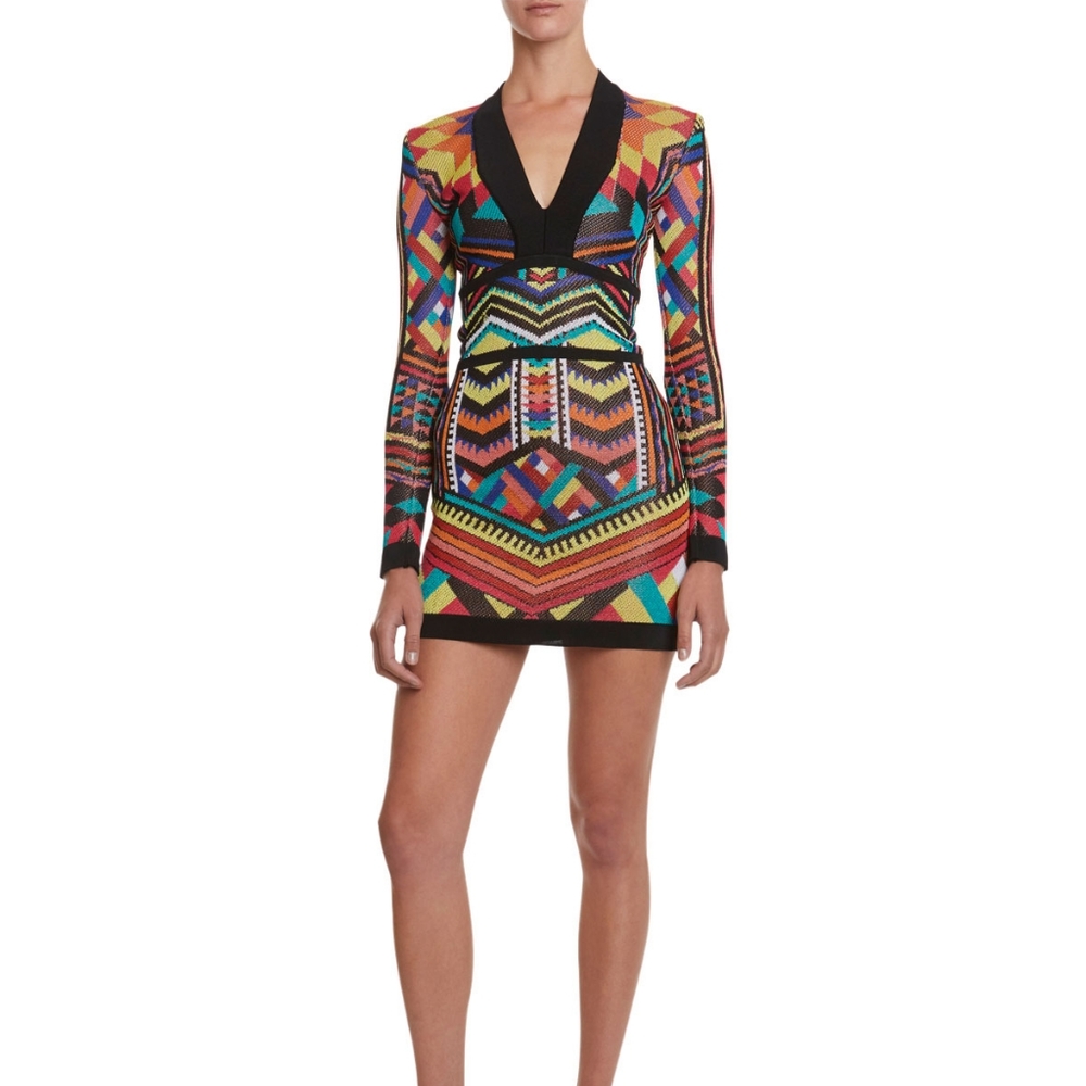 Balmain Long-Sleeve Vintage Jacquard Mini Dress